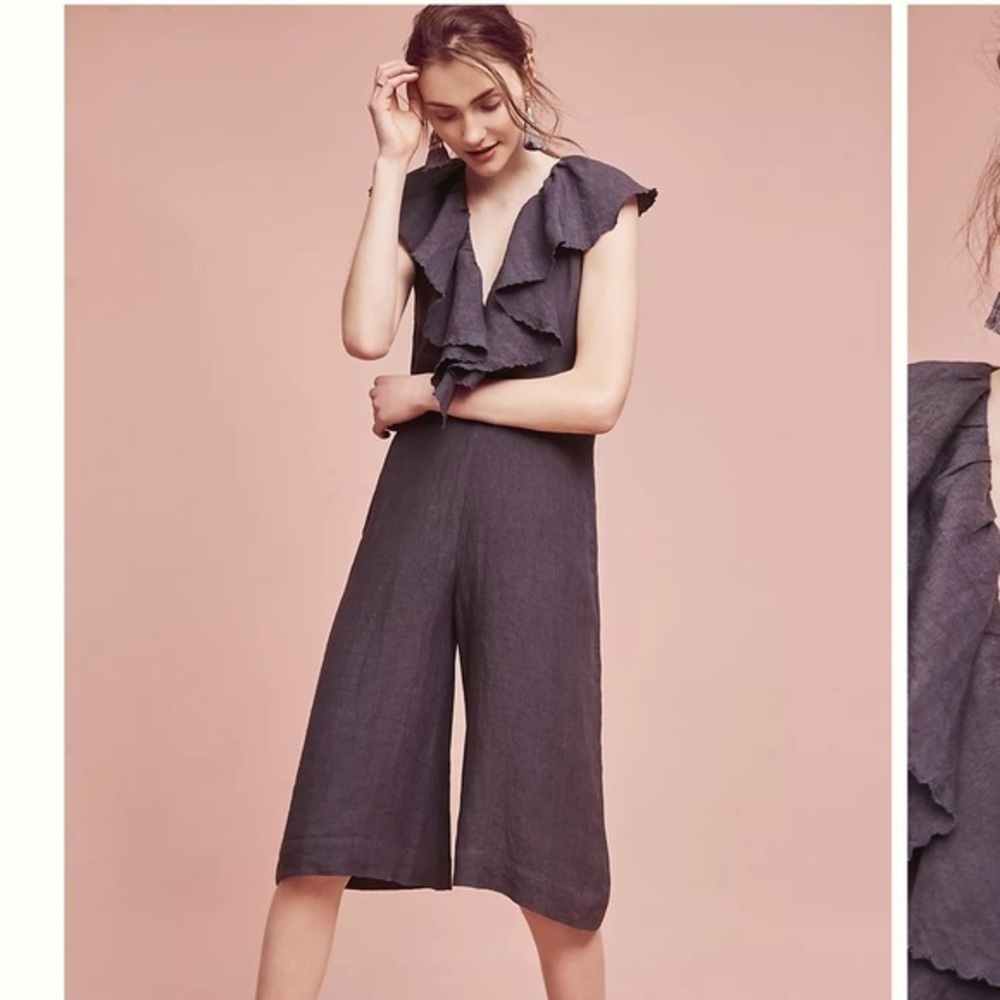 Anthropologie Maria Stanley Ruffle Cascada Linen  Jumpsuit Grey Wide Leg size S